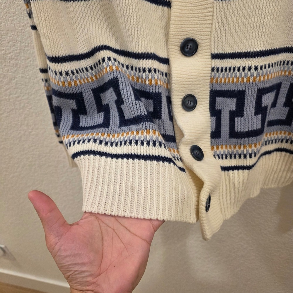 Vintage Sarby Sportswear Greek Key Shawl Collar Cardigan Mens L Cream Blue Heavy - Picture 6 of 11